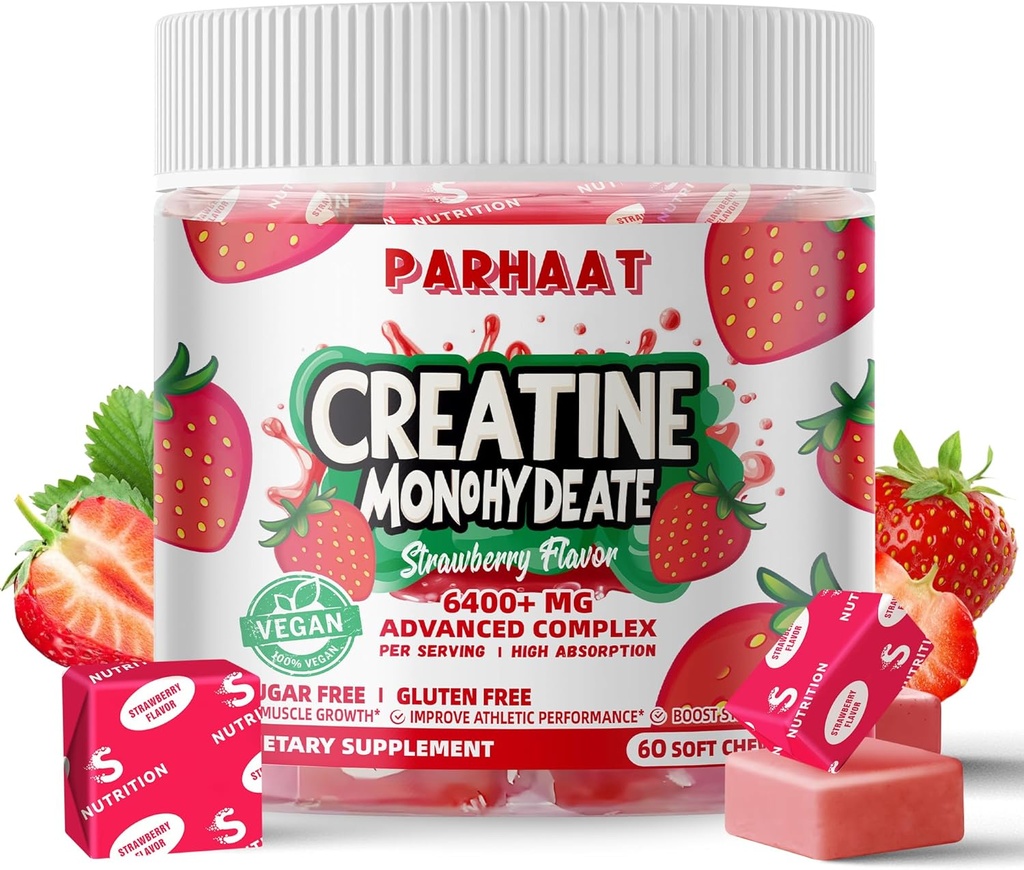 クレアチン Monohydrateの咀嚼は人及び女性のための複雑な6400mg -高度の方式W/L-タウリン+ビタミンB12の砂糖の自由なChewable補足、60のいちごのSoftchews