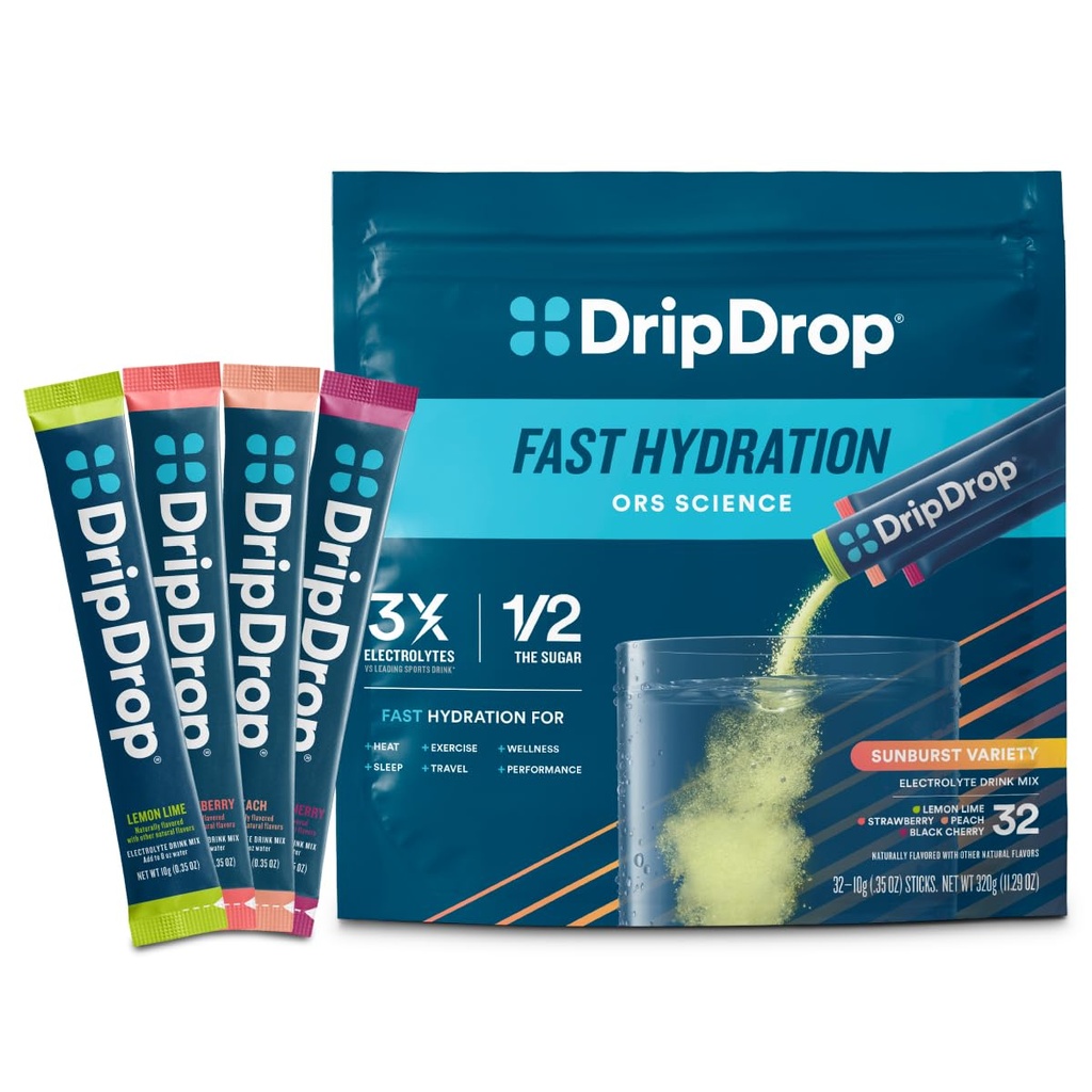 DripDrop Hydration Packets - サンバーストバラエティパック - シングルセルブ電解液パウダードリンクミックス - レモンライム、イチゴ、ピーチ、ブラックチェリー - 非GMO、グルテンフリー、ビーガン - 32スティック