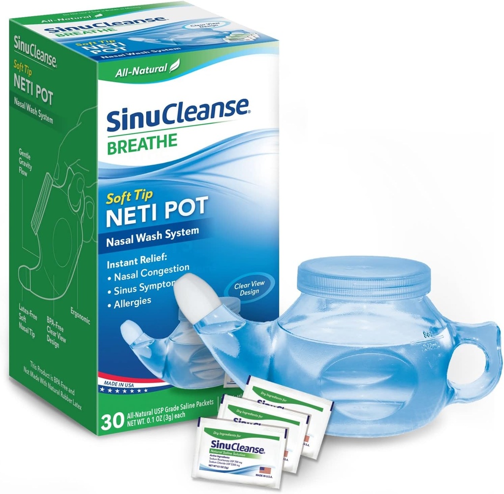 SinuCleanse の柔らかい先端の Neti の鍋の鼻の洗浄システム、風邪及びインフルエンザ、乾燥した空気、アレルギー、米国でなされる 30 の All-Natural のサラインの小包から鼻の混雑を取り除きます