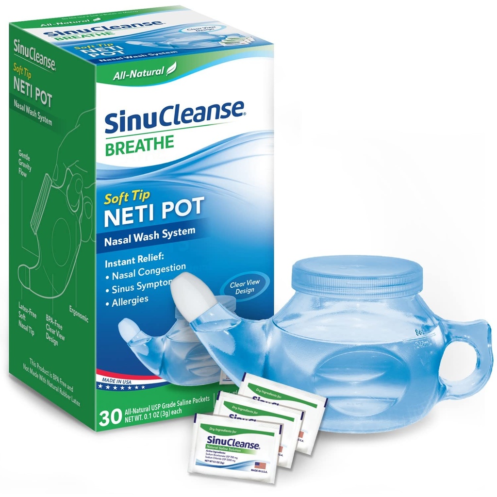 SinuCleanse の柔らかい先端の Neti の鍋の鼻の洗浄システム、風邪及びインフルエンザ、乾燥した空気、アレルギー、米国でなされる 30 の All-Natural のサラインの小包から鼻の混雑を取り除きます