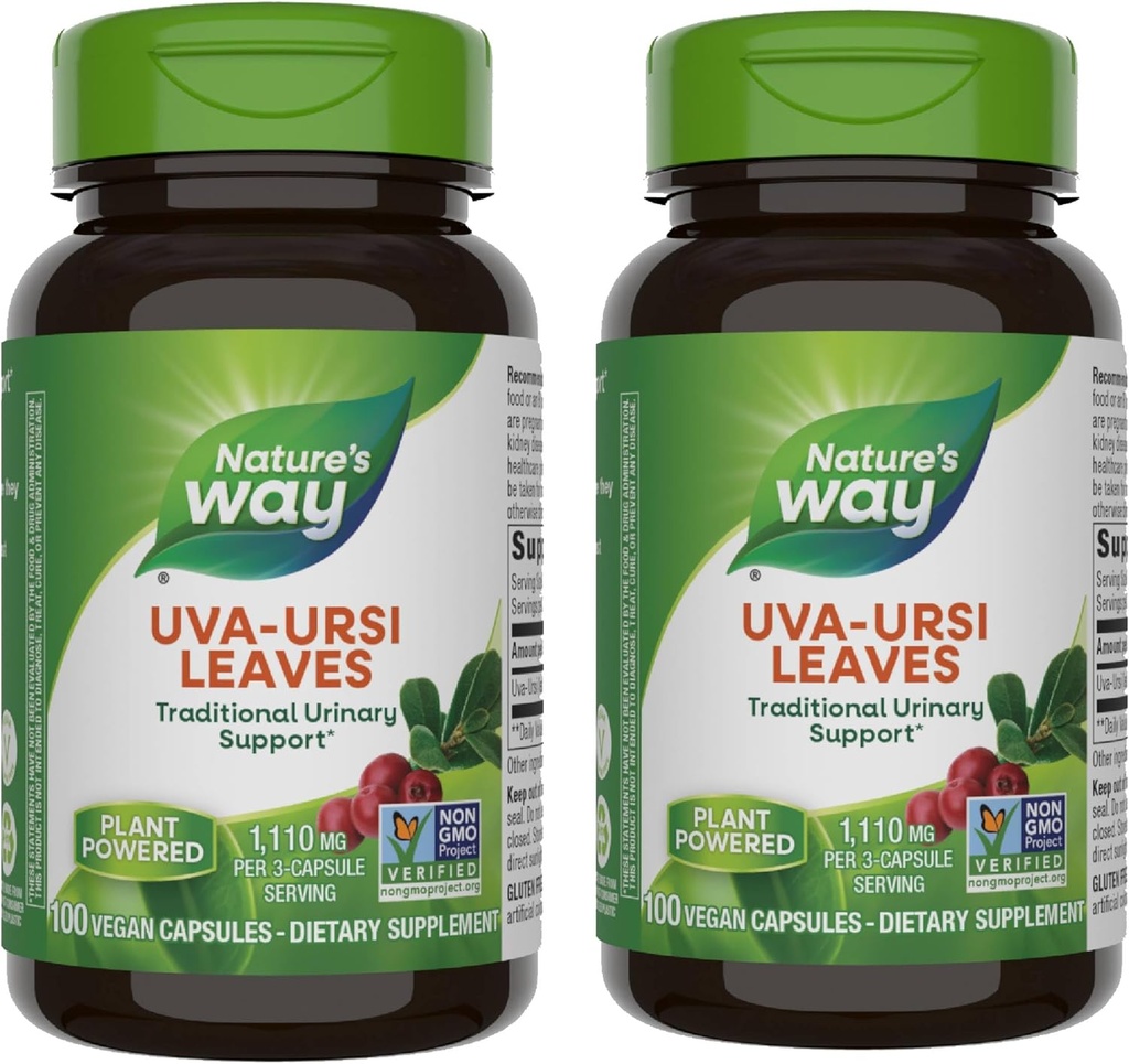Nature's Way Uva Ursi Leaves, Traditional Urinary Support*, 1,110 mg per 3-Capsule Serving, Non-GMO Project Verified, Herbal Dietary Supplement, 100 Vegan Capsules (Packaging May Vary) - 2 Pack