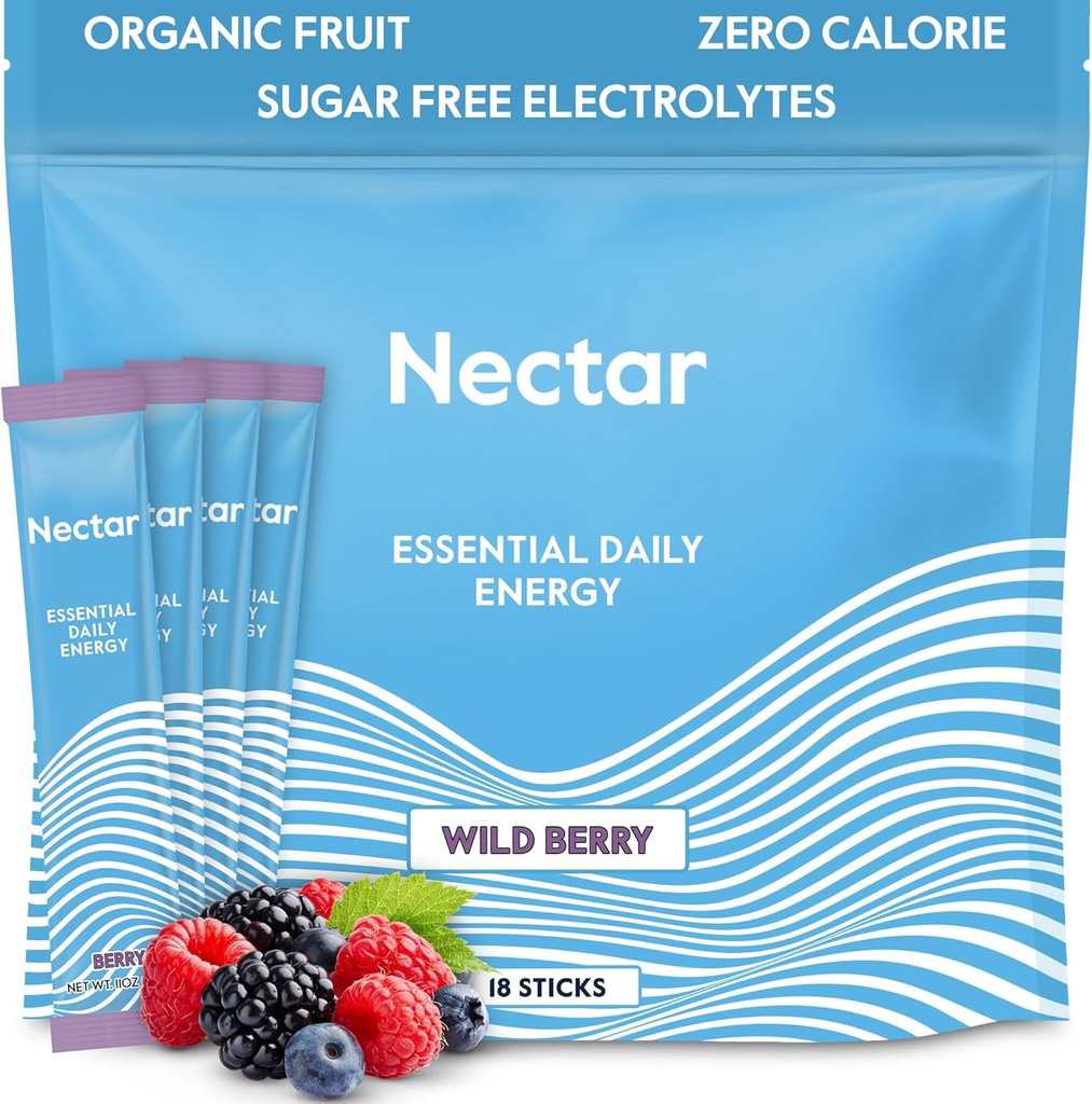 Nectar Energy Booster - Organic Caffeine, B12 & Electrolytes - Sugar Free & Zero Calorie – Healthy Coffee, Energy Drink & Soda Alternative – Hydration & Energy Supplement (Berry 18 Powder Packets)