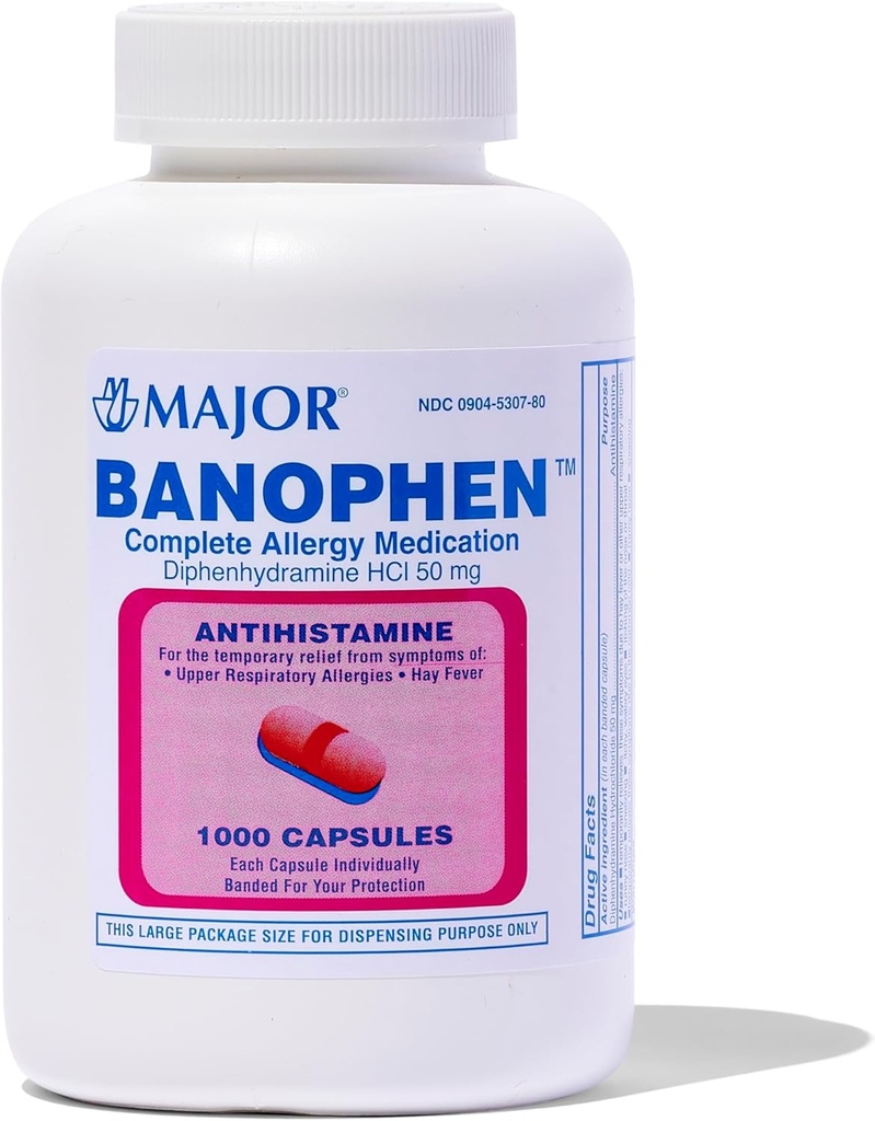MAJOR Banophen Diphenhydramine HCI 50 mgカプセル - ヘイファーバーとアッパー呼吸アレルギーの症状から一時的に救済 - 抗ヒスタミン - アレルギー薬 - 1000カプセル(1パック)
