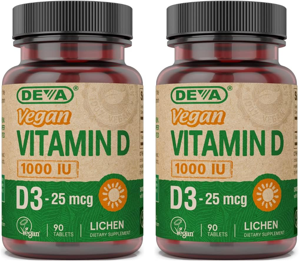 DEVA Vegan Vitamin D3 Supplement - Once-Per-Day Tablet with 1000 IU - Cholecalciferol - Lichen Plant Derived - 90 Small Tablets, 2-Pack