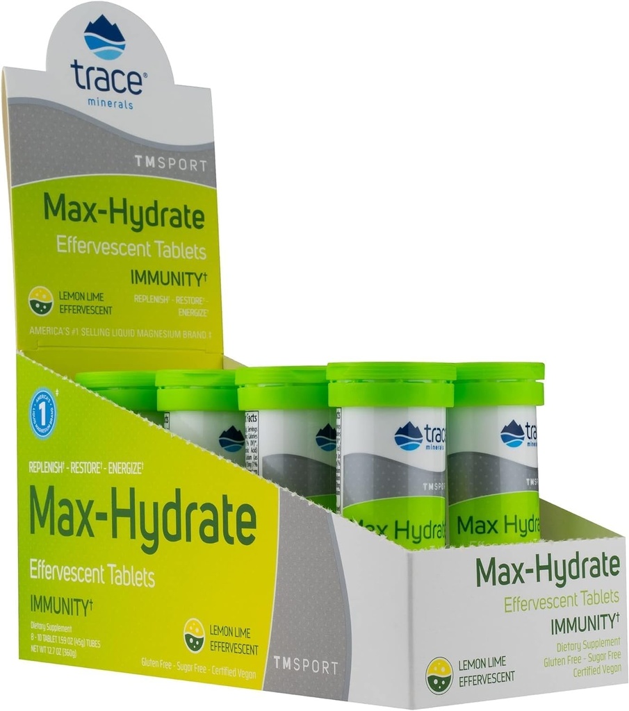 Trace Minerals Max-Hydrate Immunity - 免疫健康と水分補給サポートのための電解液飲料サプリメント - Aid Muscle Cramp救済へのバイタリティサプリメント - レモンライム、8容器(80サービング)