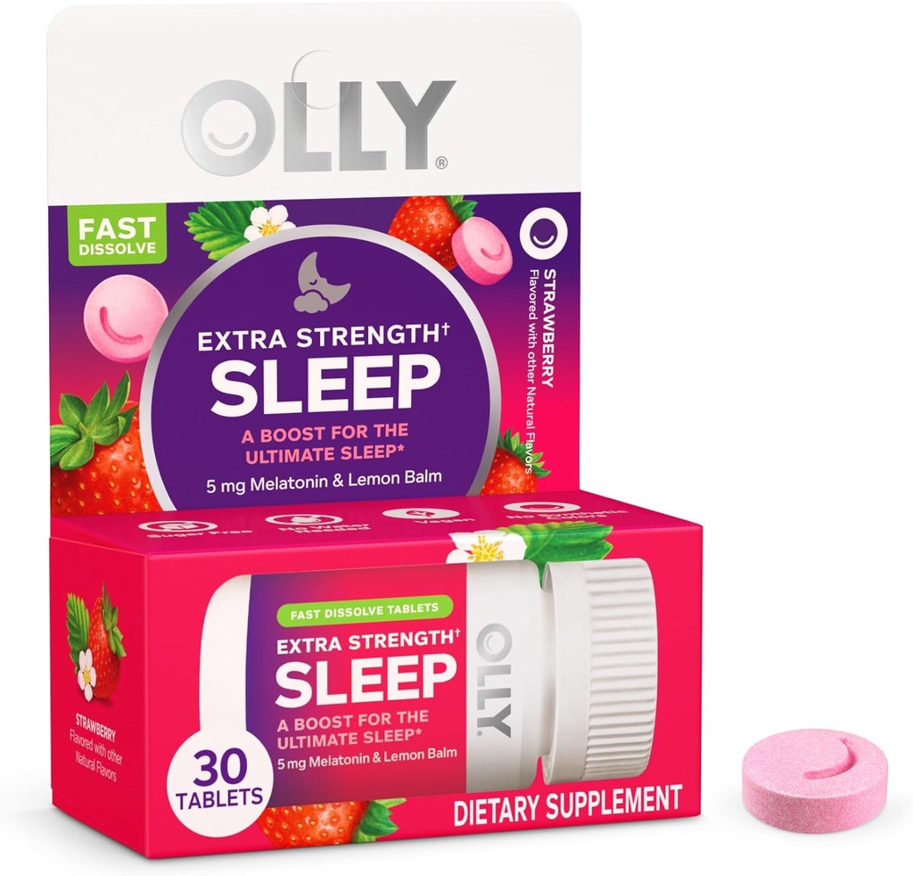 OLLY余分な強さの睡眠の速い分解のタブレット、5mg Melatonin、ビーガン、いちご- 30ct