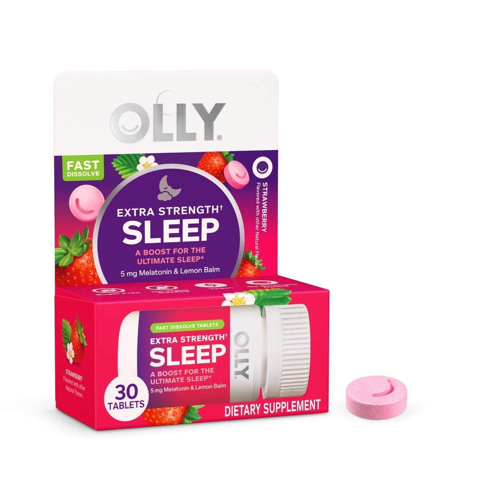 OLLY余分な強さの睡眠の速い分解のタブレット、5mg Melatonin、ビーガン、いちご- 30ct