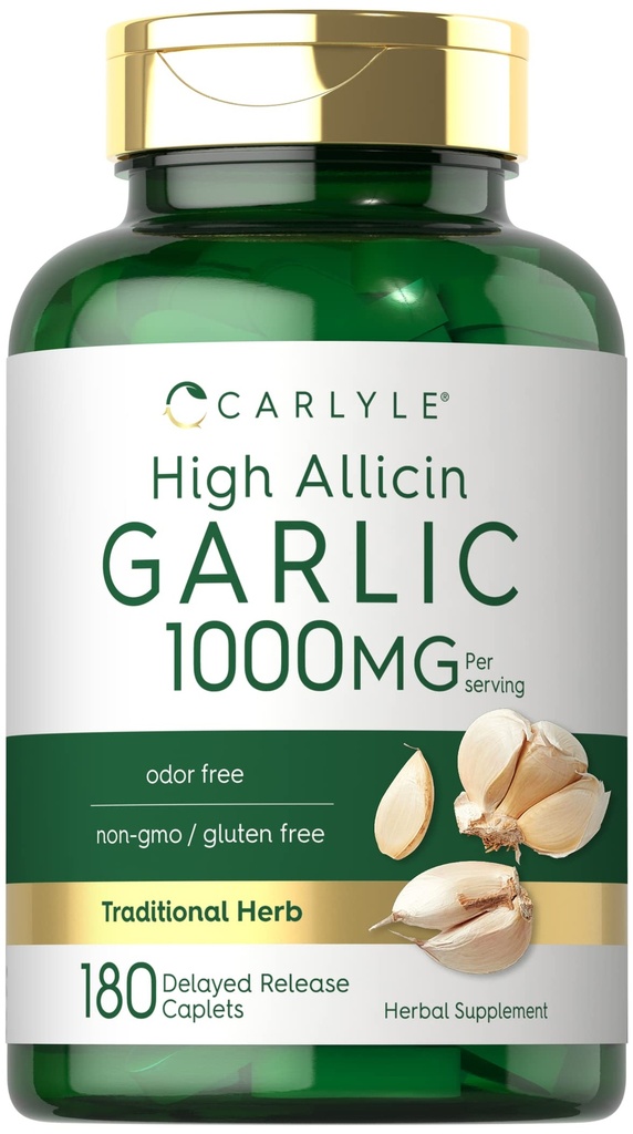カルライルガーリックサプリメント1000mg | 180カプレット | 無臭の丸薬 | 高アレルギーエキス | ベジタリアン・非GMO・グルテンフリー対応商品