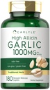 カルライルガーリックサプリメント1000mg | 180カプレット | 無臭の丸薬 | 高アレルギーエキス | ベジタリアン・非GMO・グルテンフリー対応商品