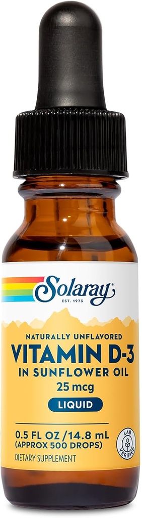 SOLARAYのビタミンD3の液体は25のmcg (1000のIU)を-VIT D3サポートのためのヒマワリ オイルの高められた吸収のビタミンDの低下-自然に不燃に、低下は含まれている-およそ---------------------------------------------------------------------------------------------------------------------------------------------------------------------------------------------------------- 500 サービング、0.5oz
