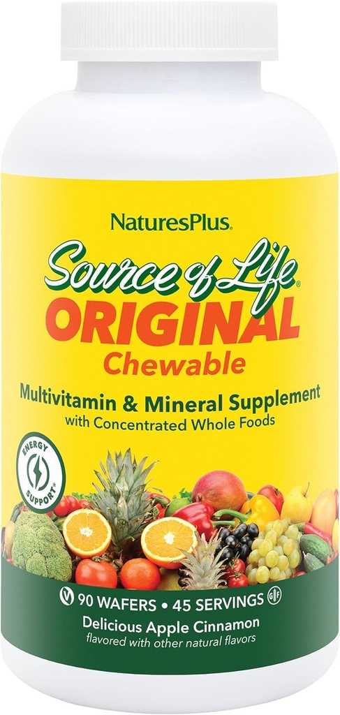 Natures Plus Life Adult Chewable Multivitamin - 90 ベジタリアンウエファー - アップルシナモンフレーバー - 自然食品のサプリメント - 全体的な健康、エネルギー - グルテンフリー - 45 サービング