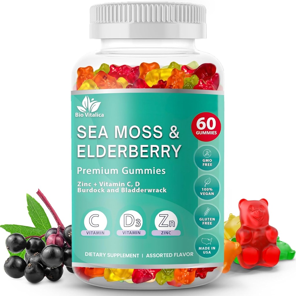 BIO VITALICA Sea Moss Gummies Elderberry BioVitalica - Vitamin C D + Zinc - Irish Seamoss Vegan Gummy with Sea Moss Gel & Powder for Immunity, Detox - for Adults and Kids