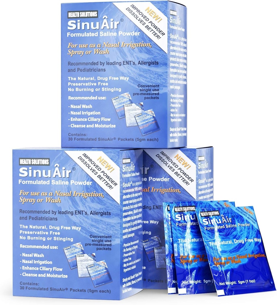 SinuAirのSinusのリンスのためのサリンのパケット - SinuPulseのエリート システム、Netiの鍋、鼻の洗浄のびん及び鼻の潅漑のためのプレミックスされた塩の解決の粉、90のパケット
