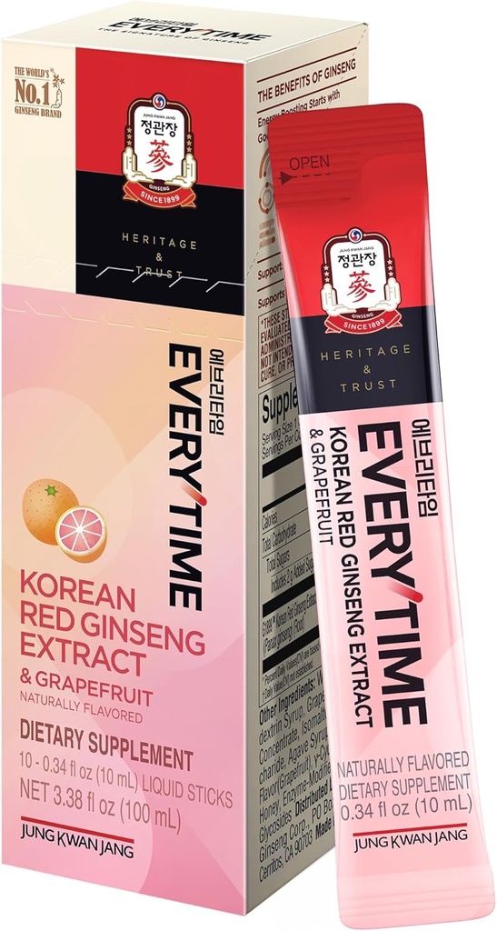 JUNG KWAN JANGの常連韓国の赤いGinsengのエキス1,000mg及びGrapefruit - ビーガンGinsengの根のエネルギー飲み物の液体の棒の補足-造るスタミナ及び免除、カフェイン無し(10の棒、0.34のflのoz)