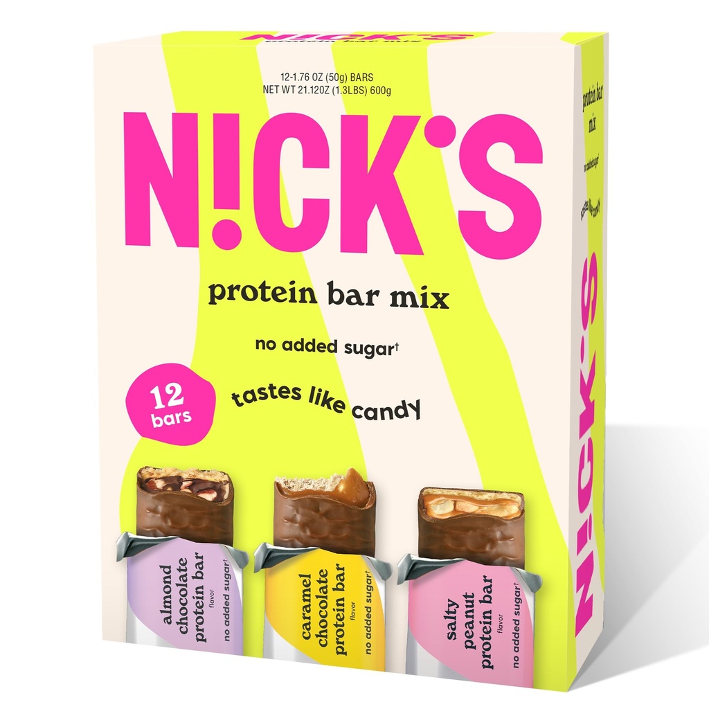 ニックのプロテインバー チョコレートバラエティパック 高たんぱく質、低カロリー、低炭水化物 Keto 優しいスナック 砂糖、塩辛いピーナツ、チョコレートキャラメル、アーモンドチョコレート(12パック)