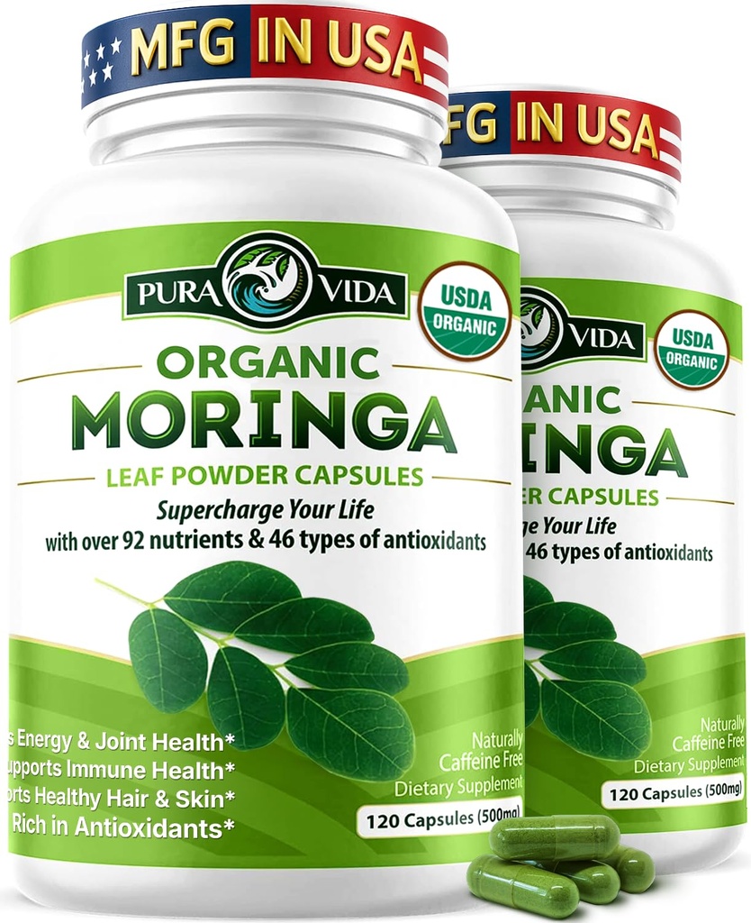 PURA VIDA MORINGAのカプセルの単一の起源の有機Moringaの粉。Moringaの葉。エネルギー、Metabolism及び免疫サポート。120ct。500mg帽子。(2のパック)