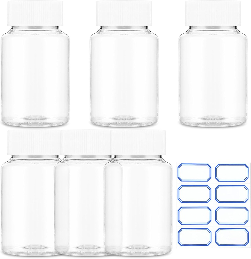 Sibba Clear Pill Bottle 6 Pcs Empty Medicine Organizers 30ML Jar Powder Box Storage Transparent Reagent Containers Plastic Dispenser Leak Proof Caps Receptacle for Toiletries Counter Labels