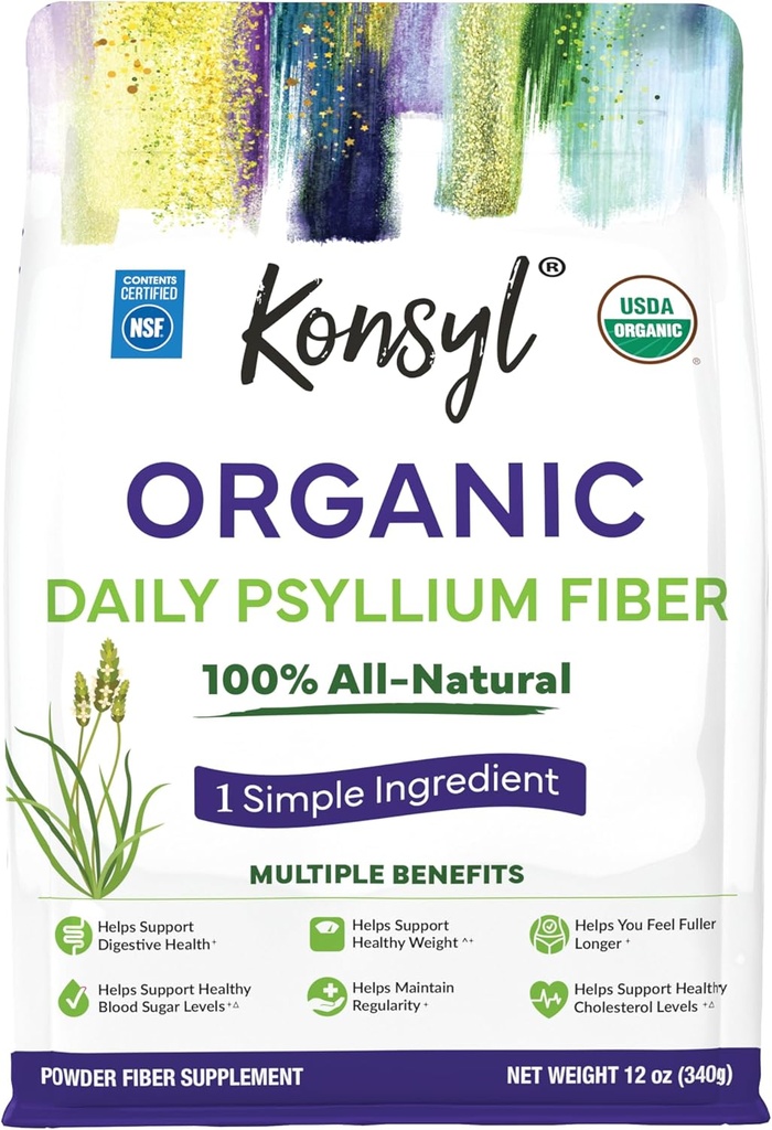 Konsyl Organic Psyllium Husk Powder, 5g of Plant Based Soluble Fiber per Serving – USDA Organic, Non-GMO, Gluten Free, Sugar Free, Vegan, 12 Ounce (Pack of 1)
