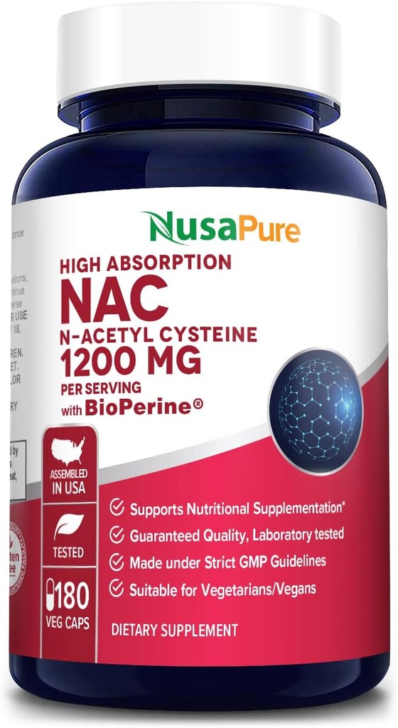 NusaPure N-Acetyl Cysteine (NAC) 1200mg 180 Veggieの帽子(Vegetarian、非GMO、グルテンフリー) バイオペリン