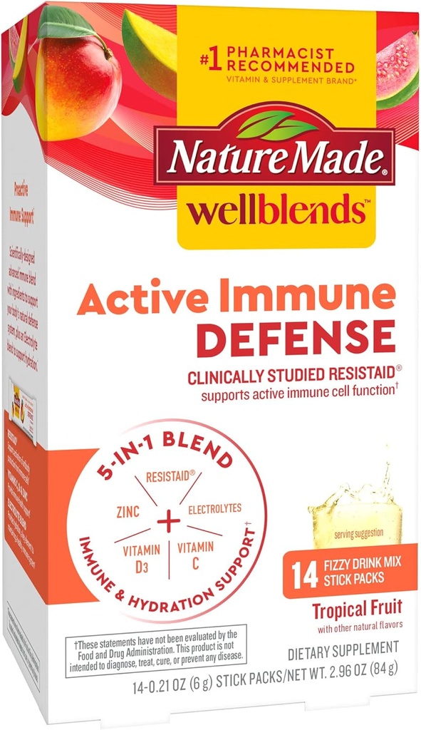 性質はWellblendsの活動的な免疫の防衛Fizzyの飲み物の組合せ、RestanceAid、ビタミンC 500mg、ビタミンD 1000 IU、亜鉛および電解質の粉、14の棒のパックをなしました