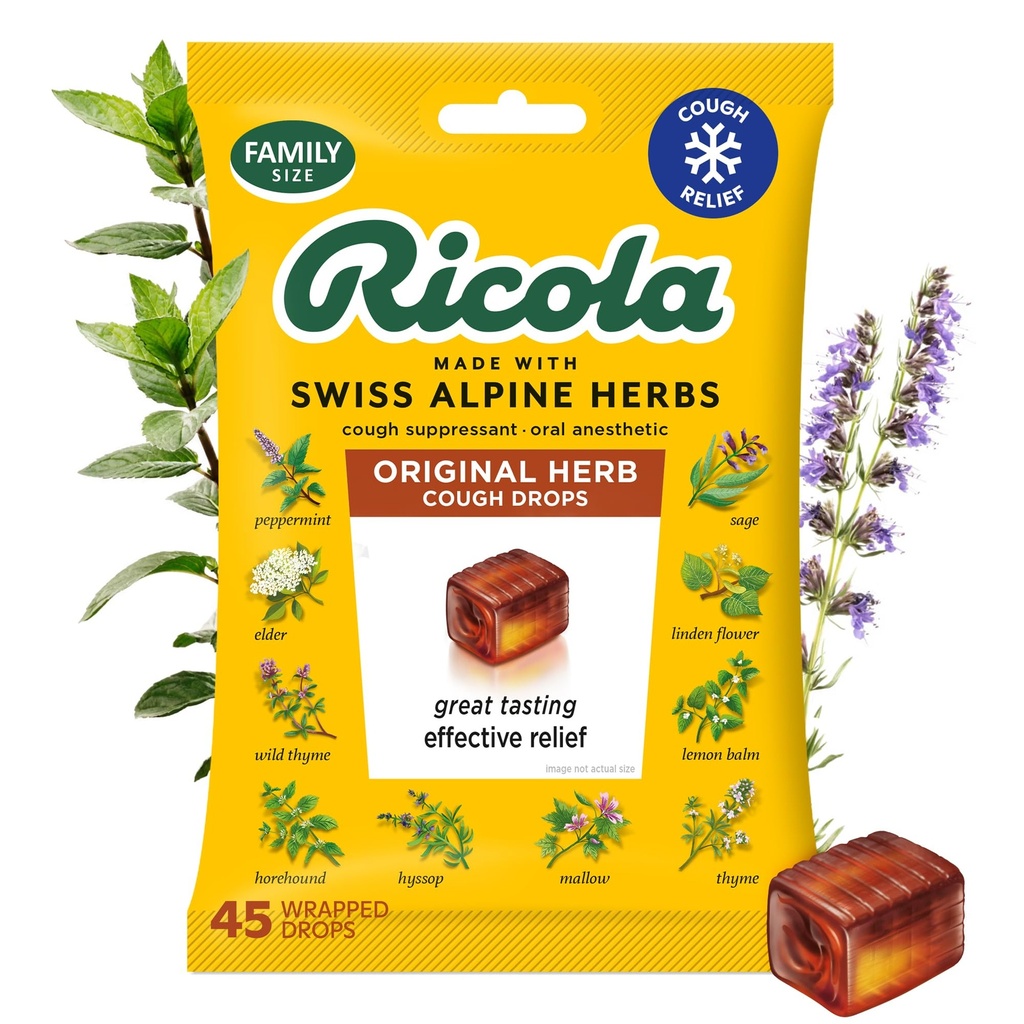 Ricolaの元のハーブの咳の低下、45の計算、咳の抑制剤及び自然な源を付けられたメンソールが付いている脅威の緩和の低下、咳及び喉の刺激の症状救助のための増加の草の好み
