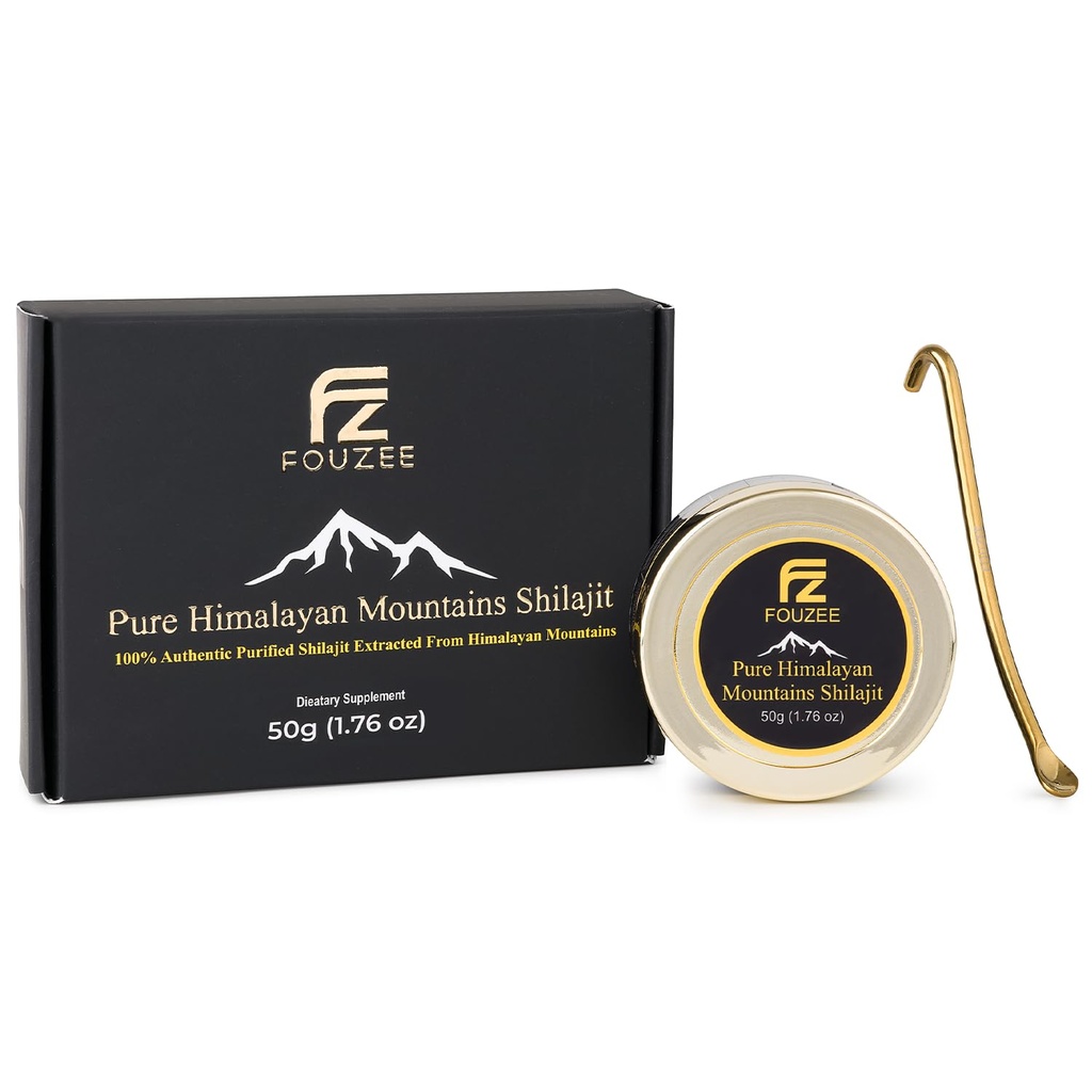 FOUZEEの純粋なヒマラヤ山脈のシラジット- 77% +フルヴィク酸の実質の堅い一貫性、フルヴィク酸の自然な源、85の跡の鉱物上の、含んでいますステンレス鋼スプーン(50グラム)を