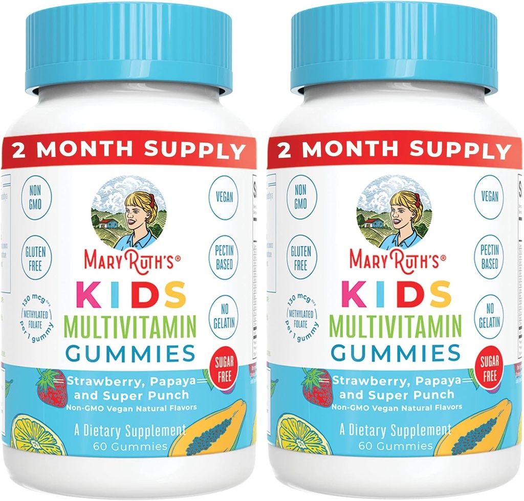 MaryRuth Organics Kids Multivitamin Gummies | 2ヶ月サプライ | 砂糖は無料 | キッズ&トドルは2歳以上 | エッセンシャルビタミンC、D3、亜鉛 | 60カウント | 2パック