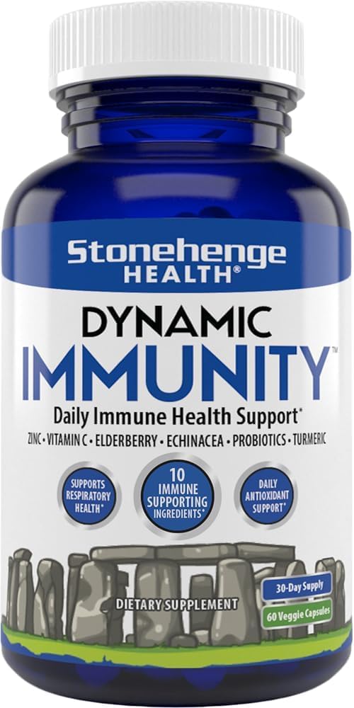 Stonehenge Health Dynamic Immunity Daily Supplement 10-in-1 Immune Boosters Zinc, Elderberry, Echinacea, Vitamin C & Probiotic L. Acidophilus – Supports Immune System & Respiratory Health, 60 Capsules