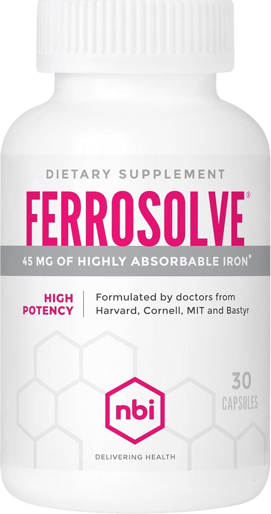 NBI FerroSolve、ベスト吸収鉄サプリメント45 mg | 高効力 | GI 安全 | 30ct ベジギーカプセル