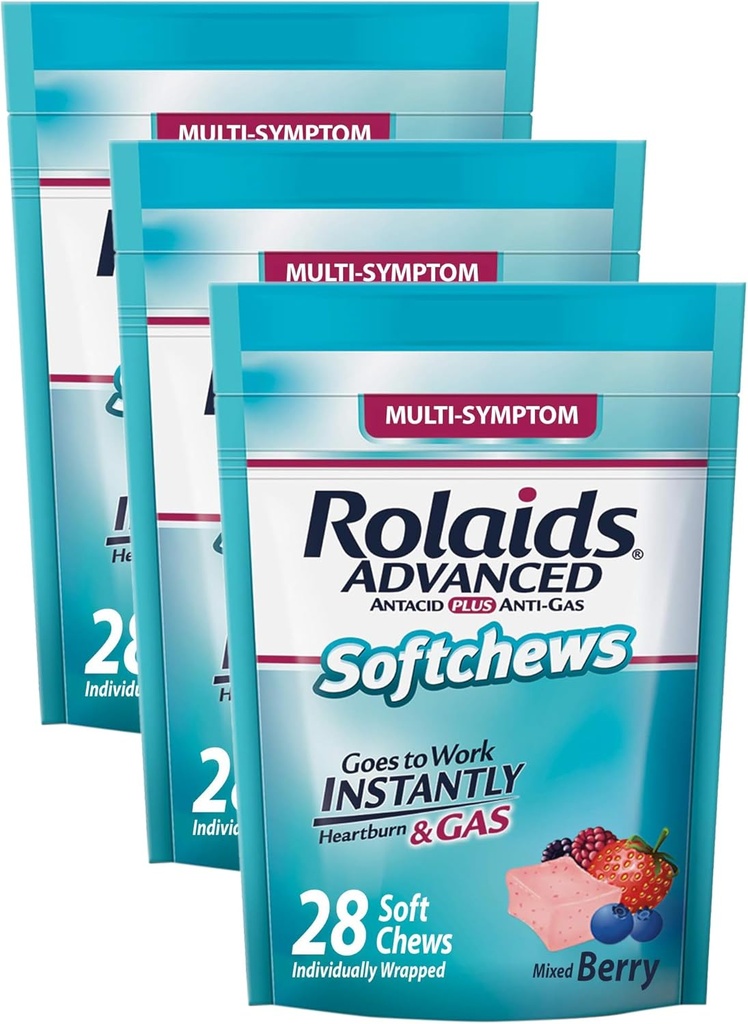 Rolaidsは反ガスの柔らかさ、28の計算、混合された果実味、心燃およびガスの救助(パック3)のAntacidを進めました