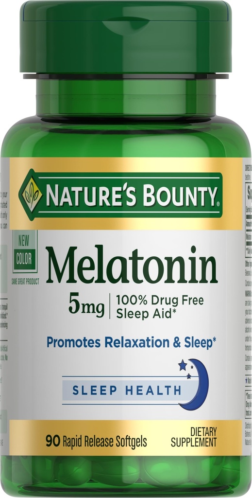 Nature's Bounty Melatonin、100%薬物無料睡眠補助金、栄養補助食品、リラックスと睡眠健康を促進する、5mg、90 Softgels(パッケージ1)