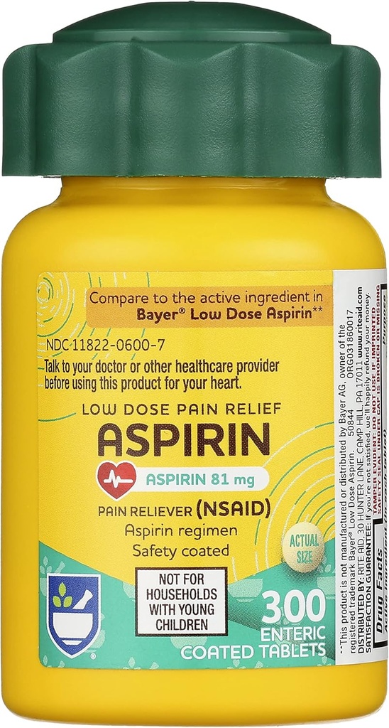 Rite Aid Aspirinの腸のタブレット、81のmg Aspirin - 300の計算、低い線量の痛みの軽減、頭痛の軽減のためのAspirin、腸の安全上塗を施してあるタブレット、Aspirin Regimen、Migraineの薬、痛みの軽減