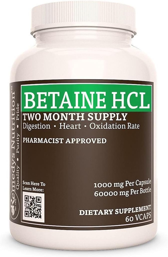 Remedy’s Nutrition Betaine HCL (Hydrochloride) | 1,000 mg, 60 Capsules Dietary Supplement | Two Month Supply | Also Contains Calcium Carbonate, Papain & Bromelain