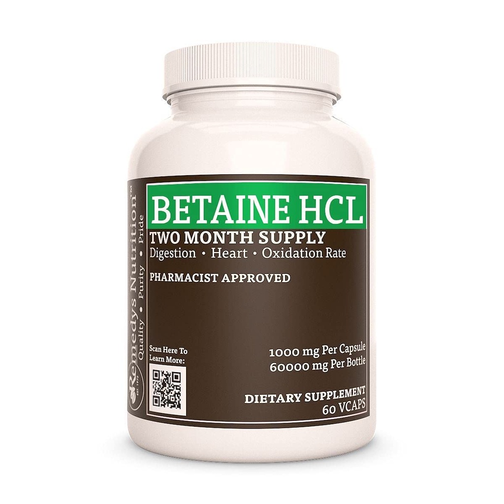 Remedyの栄養のベタインHCL (塩酸塩)   1,000のmgの60のカプセルの食事療法の補足  2か月の供給 またCalciumの炭酸塩、Ppain及びBromelainを含んでいます