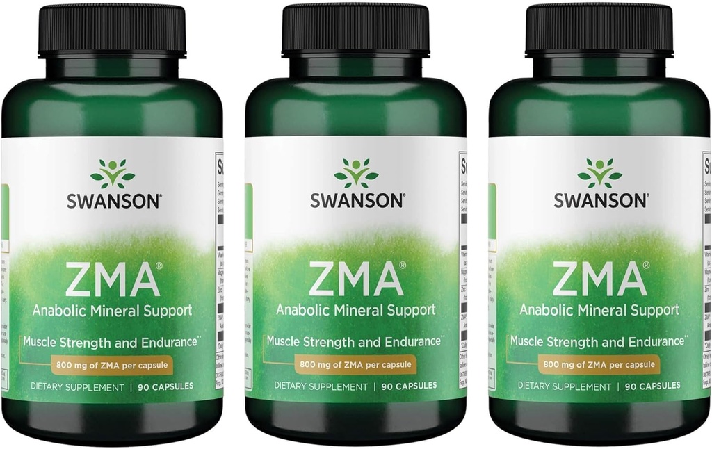 Swanson ZMA - Energy, Metabolism, and Muscle Recovery Support for Men and Women - Anabolic Mineral Support for Athletes Combining Zinc and Magnesium with Vitamin B6 - (90 Capsules, 800mg Each) 3 Pack