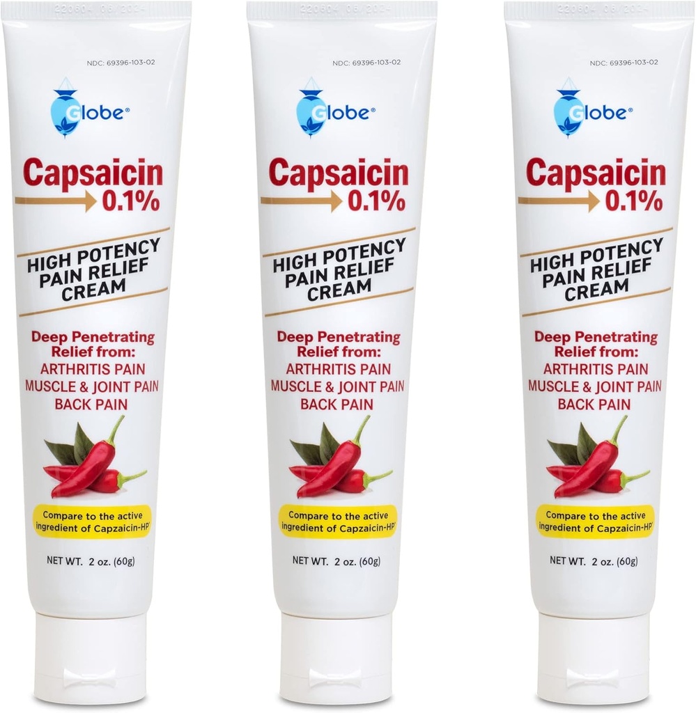 Globe (3 Pack) Capsaicin 0.1% High Potency Pain Relief Cream, Unscented (2 oz) Deep Penetrating Relief from: Arthritis, Muscle, Joint and Back Pain