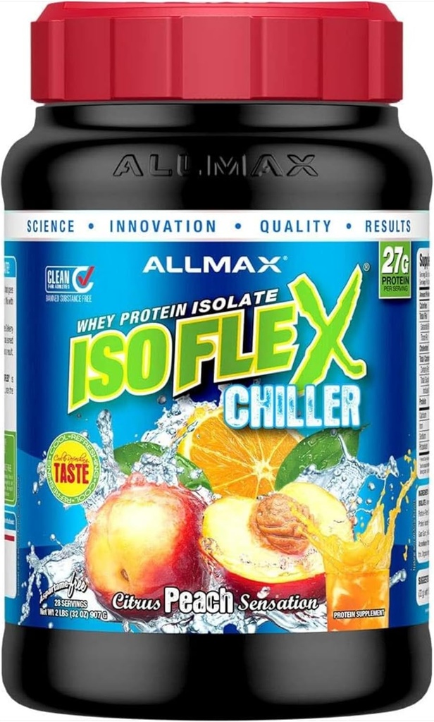 ALLMAX Nutrition ISOFLEX Chiller, Citrus Peach Sensation - 2 lb - 27 Grams of Protein Per Scoop - Zero Fat & Sugar - 99% Lactose Free - Approximate 28 Servings