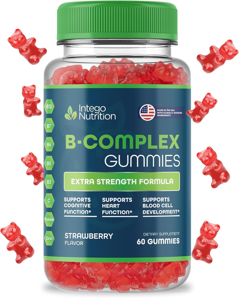 Vitamin B Complex Gummies for Adults, B Complex Vitamin Supplement for Women and Men, B Vitamins Complex Gummies for Energy and Brain Health, Natural Strawberry Flavor, 60 Count