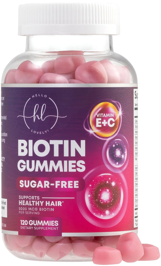 ビタミンビオチン5000 mcg - ビタミンEと髪の成長をサポートし、より厚くて丈夫で美しい髪 - 髪の皮膚と女性、非GMO、グルテンフリーのためのビタミン - 120グミ
