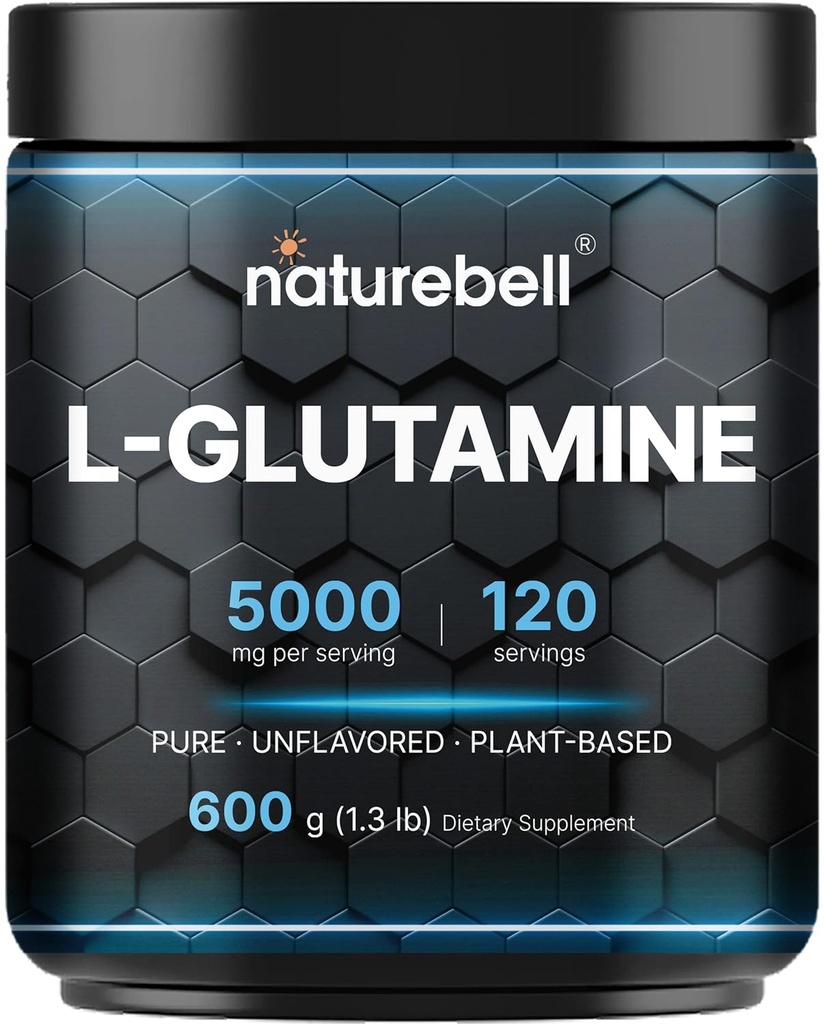 NatureBell L-グルタミンパウダーガットヘルス  600グラム、サービングあたりの5000mg、100%ピュア-フレーバーなし-ポストワークアウトの回復のためのVeganグルタミンパウダー、免疫サポート-120サービング