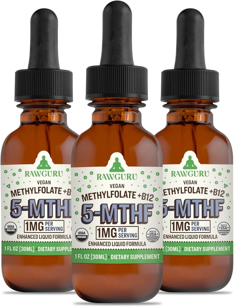 RawGuru Methylfolate 1mg +ビタミンB12 - 有機ビーガンメチル化B12 トレースミネラル - ナノ加工&強化液体式 - 300 30mlあたりのビーガンドロップのサービング、パック3