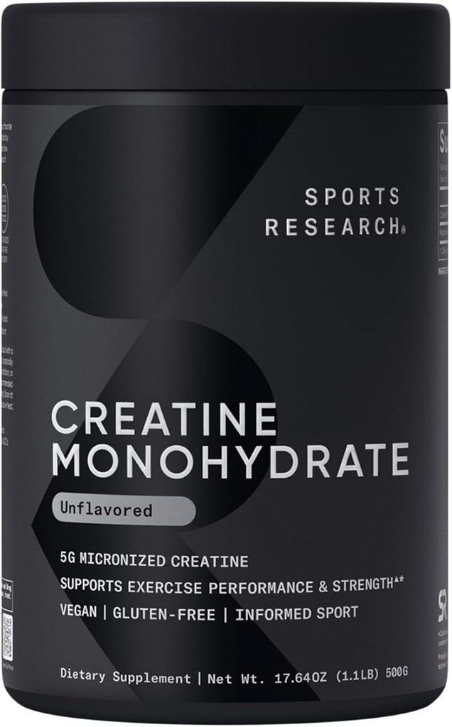 Sports Research Creatine Monohydrate - Gain Lean Muscle, Improve Performance and Strength and Support Workout Recovery* - 5 g Micronized Creatine - 17.46 oz