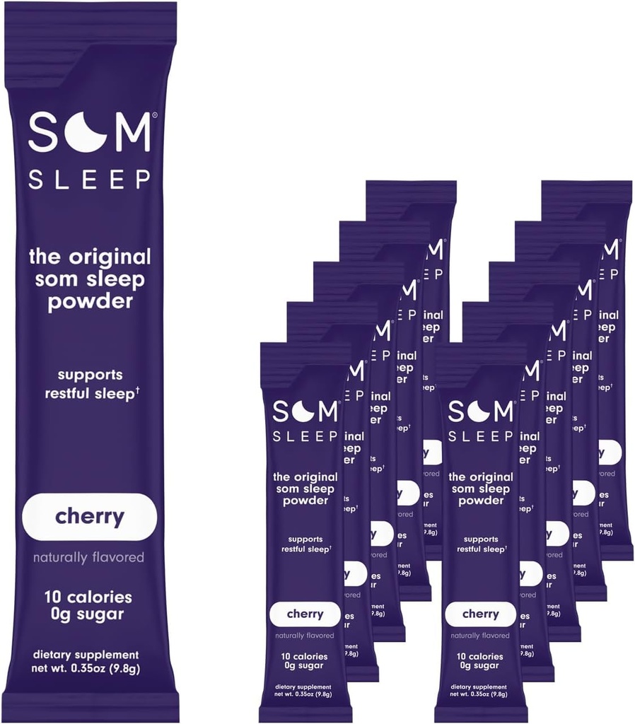 Som Sleep, Restful Sleep Powder Drink Mix w/Melatonin, マグネシウム, ビタミンB6, L-Theanine & GABA – ビーガン, ゼロ砂糖, ケトフレンドリー – チェリー, 10パック