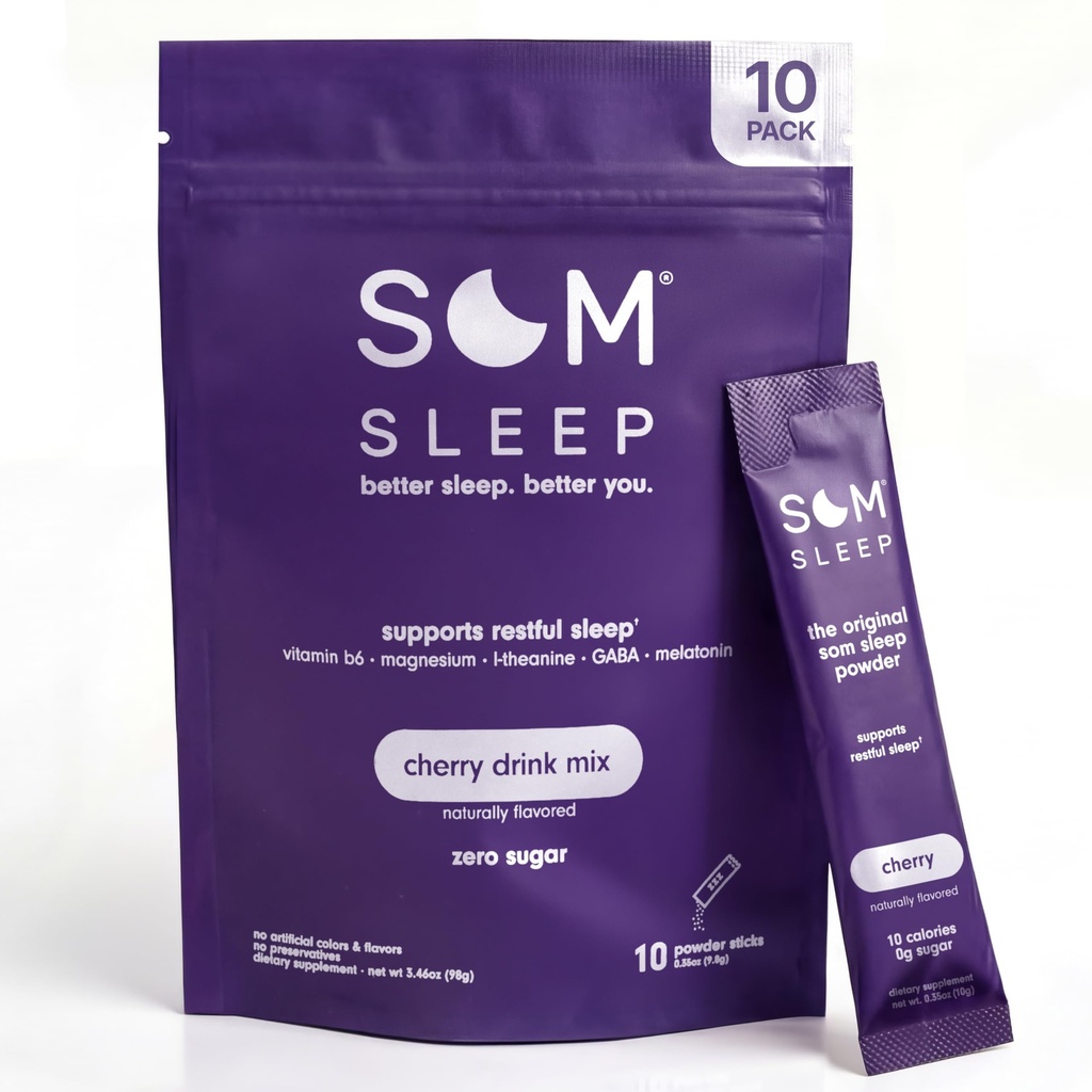 Som Sleep, Restful Sleep Powder Drink Mix w/Melatonin, マグネシウム, ビタミンB6, L-Theanine & GABA – ビーガン, ゼロ砂糖, ケトフレンドリー – チェリー, 10パック