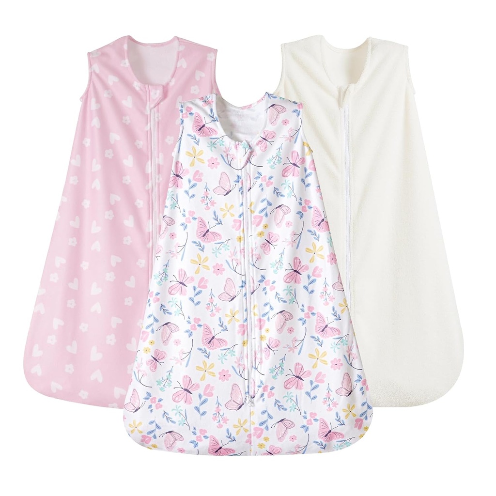 PHF 3パック暖かいマイクロフリースの赤ん坊の睡眠の袋6-12か月、柔らかい赤ん坊の身につけられるブランケット、2ウェイ ジッパーの寝袋、女性、中型、蝶のためのComfyのトドルの睡眠袋