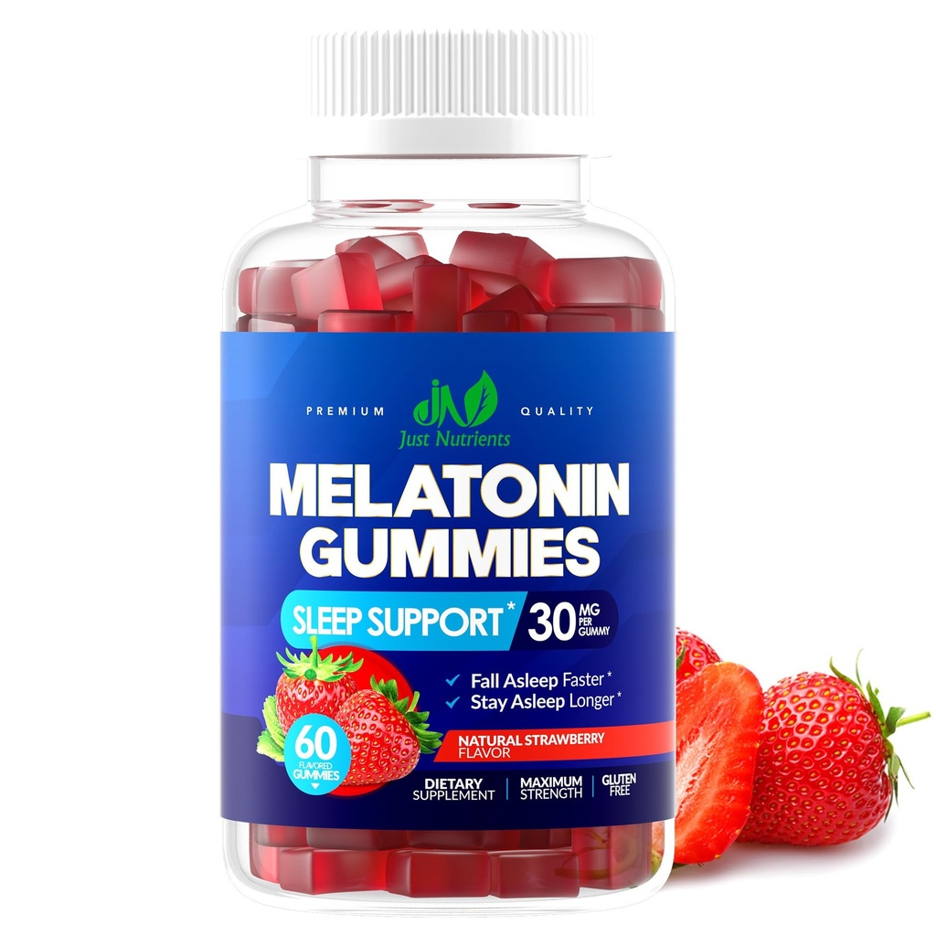 メラトニン 30 mg 大人のためのグミー (60 のサービング) - グルテンフリー、砂糖なし、非GMO、100% ベジタリアン、いちご風味 - 60 グミ