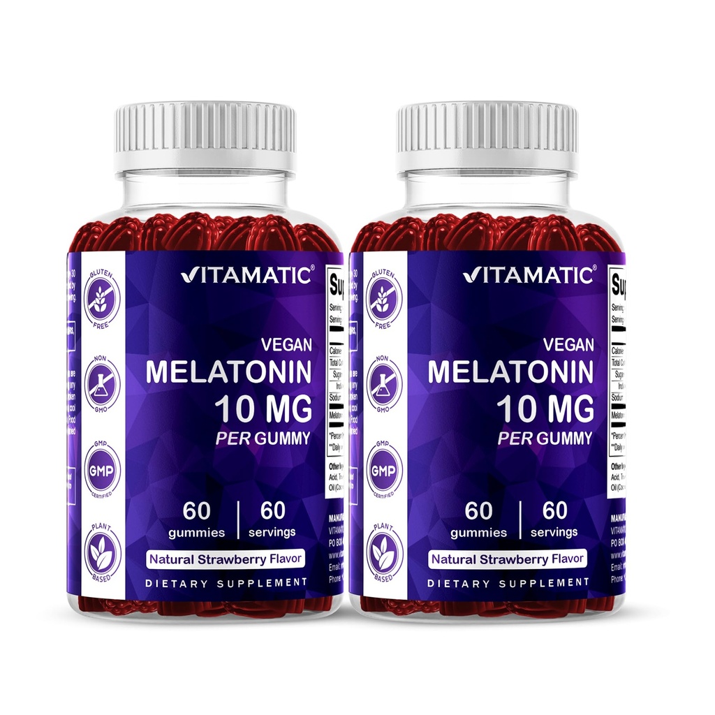 Vitamatic Melatonin 10 mg ベジタリアングミー – ノンハビット フォーミング – 60 ボトルあたりグミー – 2-パック (合計 120 ビーガングミー)