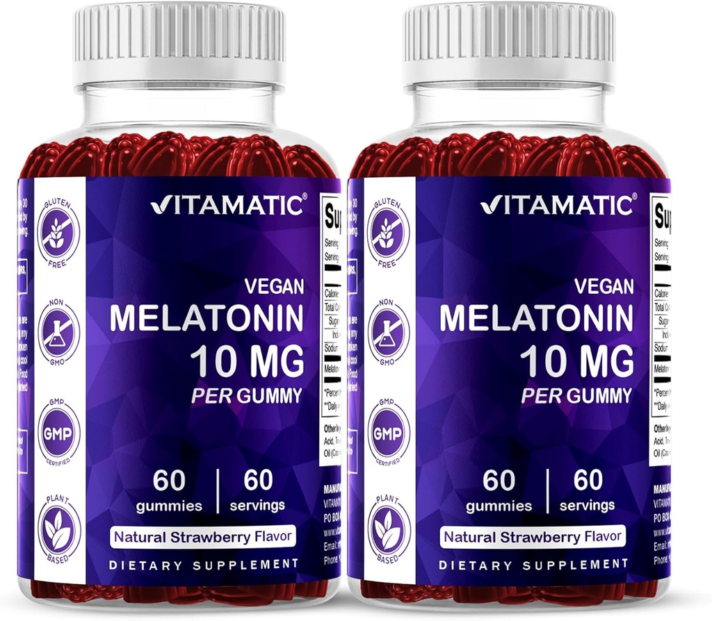 Vitamatic Melatonin 10 mg ベジタリアングミー – ノンハビット フォーミング – 60 ボトルあたりグミー – 2-パック (合計 120 ビーガングミー)