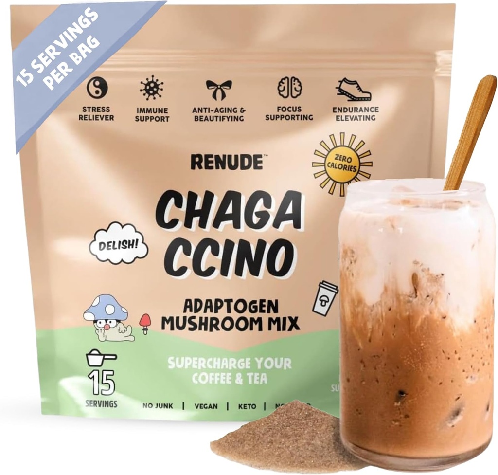 Renude Chagaccino - チャガマッシュルームパウダー、アダプトゲン、自然エネルギーと免疫サポート、ビーガン、ケト、ゼロカロリーキノコブレンドパウダー - 15サービング