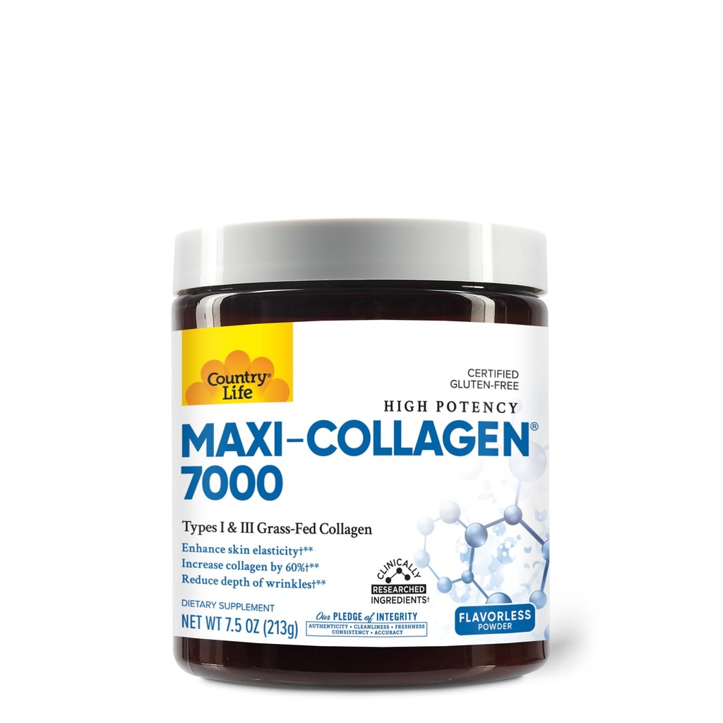カントリーライフマキシコラーゲン7000パウダー - Verisol Bioactiveコラーゲンペプチド、ビタミンC、A&ビオチン、4,500mgタイプI&III草フィードコラーゲン - 皮膚、髪、爪、関節の健康をサポート、7.5オンス